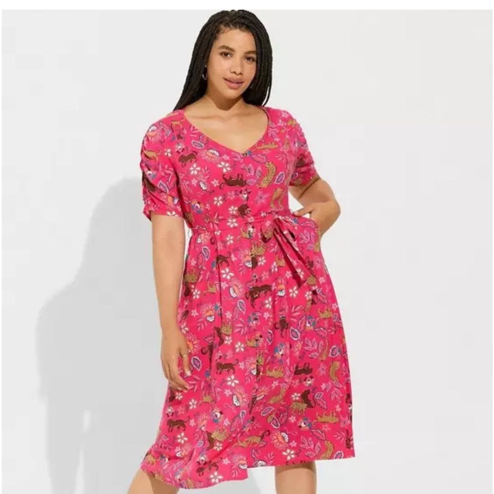 Torrid Slub Button Front Leopard Floral Print Belted Midi Dress Size 4